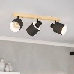 Loftlamper|Spotlights ^ EGLO Batallas loftspot, længde 48 cm, sort/træ, 3 lyskilder.