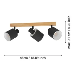 Loftlamper|Spotlights ^ EGLO Batallas loftspot, længde 48 cm, sort/træ, 3 lyskilder.