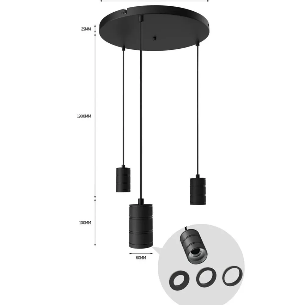 Calex Pendellamper > Retro pendellampe, rund, 3 lyskilder, sort