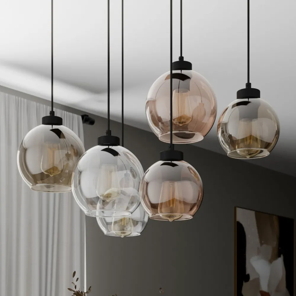 TK Lighting Pendellamper|Pendellamper > Cubus hængelampe, 74 cm, 6 lyskilder, klar/honning/brun, glas