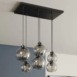 Pendellamper|Pendellamper ^ TK Lighting Cubus hængelampe, røggrå, glas, 74 cm lang, 6 lyskilder
