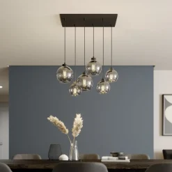 Pendellamper|Pendellamper ^ TK Lighting Cubus hængelampe, røggrå, glas, 74 cm lang, 6 lyskilder