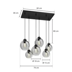 Pendellamper|Pendellamper ^ TK Lighting Cubus hængelampe, røggrå, glas, 74 cm lang, 6 lyskilder