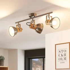 Loftlamper|Loftlamper ^ Lindby Dennis loftlampe med træ, 3 lyskilder, aflang