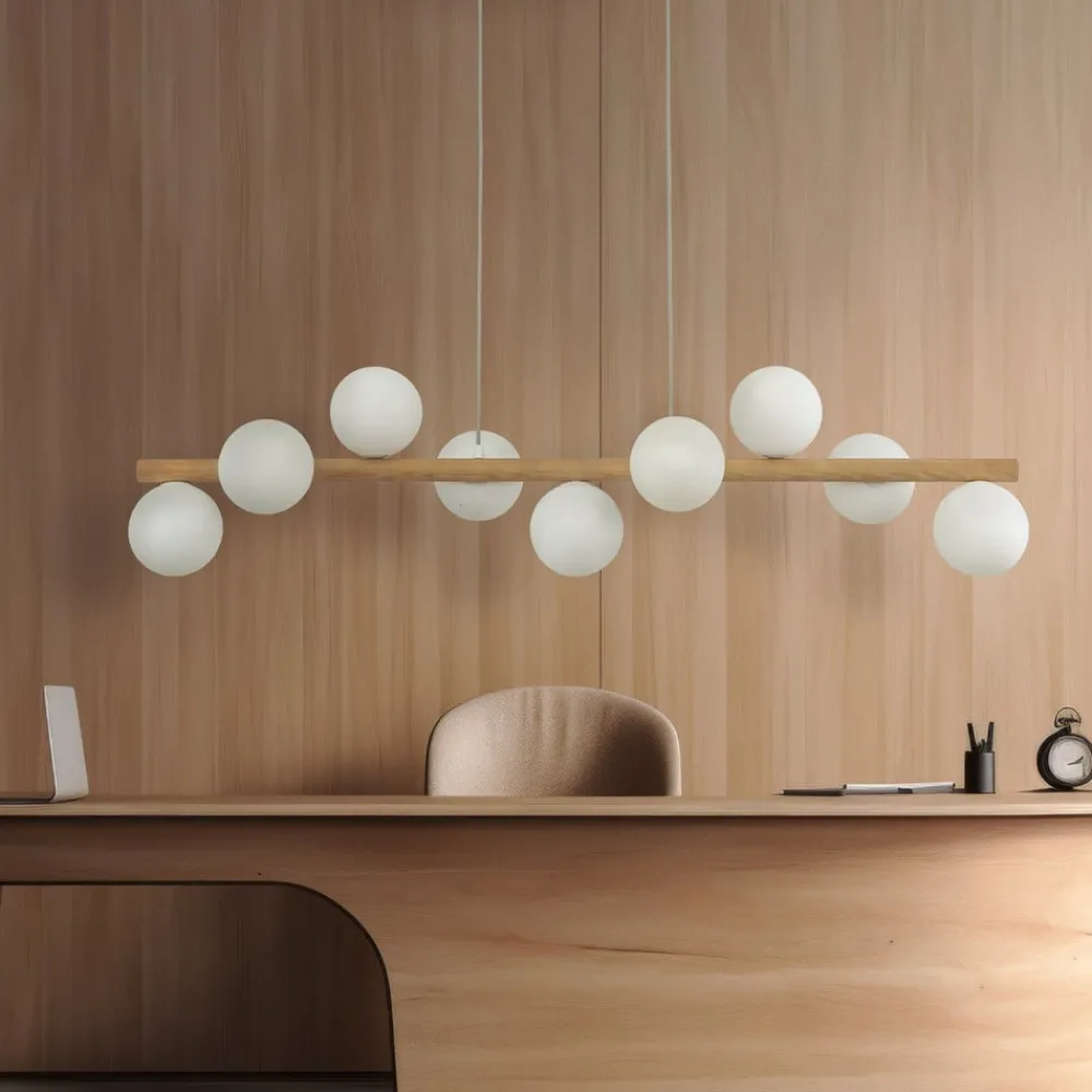 Pendellamper|Pendellamper ^ TK Lighting Estera hængelampe, opalglas, træ, 9 lyskilder