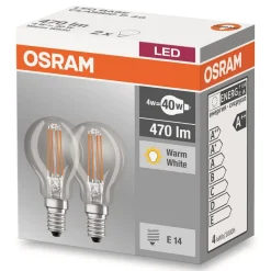 Filament Pære ^ OSRAM E14 4W 827 LED dråbepære i 2'er sæt