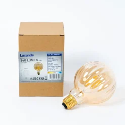 Dæmpbar Led-Pære|Filament Pære ^ Lucande E27 3,8W LED-pære G95, 2700K, 340lm, riller ravfarvet