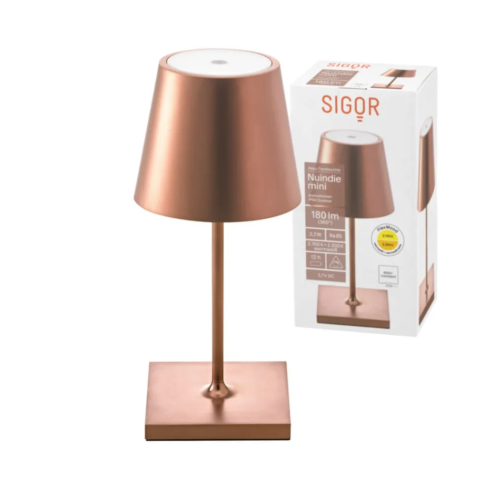 Sigor Dekorationsbelysning|Terrassebelysning > Genopladelig LED-bordlampe Nuindie mini, USB-C, bronze, IP54, dæmpbar.