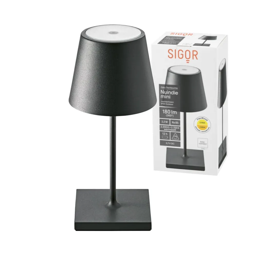 Dekorationsbelysning|Terrassebelysning ^ Sigor Genopladelig LED-bordlampe Nuindie mini, USB-C, sort, IP54, dæmpbar.