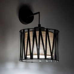 Væglamper|Væglamper ^ TK Lighting Harmony væglampe, sort, naturlig jute, med afbryder