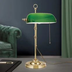 ORION Arbejdsrum/Kontor|Bordlamper > Harvard banklampe med trækafbryder, messing/grøn