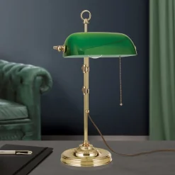 ORION Arbejdsrum/Kontor|Bordlamper > Harvard banklampe med trækafbryder, messing/grøn
