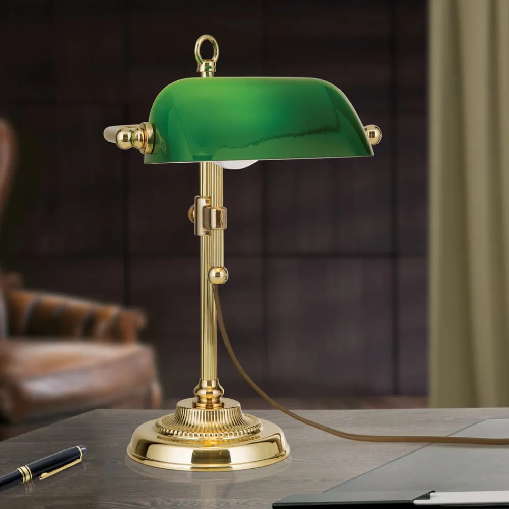 ORION Arbejdsrum/Kontor|Bordlamper > Harvard banklampe, messing/grøn, højde 32 cm