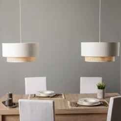 Duolla Pendellamper > Hængelampe Boho, 2 lyskilder, tekstil, creme-hvid/rattan