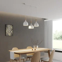Pendellamper ^ Luminex Hængelampe Noak, hvid/naturtræ, 3 lyskilder lang