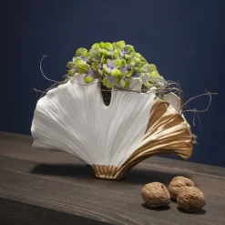 KARE Møbel Og Interiør > Ginkgo Elegance-vase, højde 18 cm, stentøj, hvid, guld