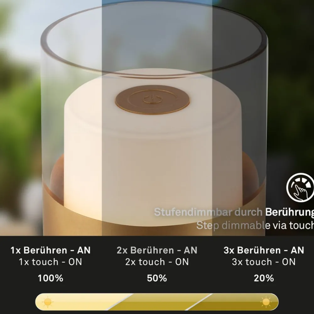 Dekorationsbelysning|Terrassebelysning ^ Briloner LED-batteri-bordlampe 7483 IP44 lysdæmper, guld