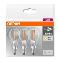Filament Pære|Led Pærer ^ OSRAM LED filamentpære E14 4 W varmhvid, 3'er sæt
