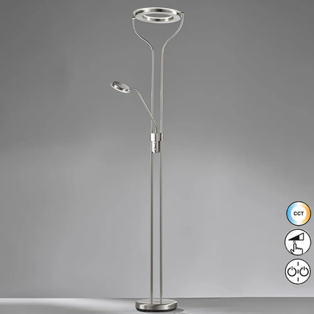 FISCHER & HONSEL Gulvlamper|Gulvlamper > LED-gulvlampe Davos, nikkelfarvet, højde 180 cm, 2 lyskilder, CCT