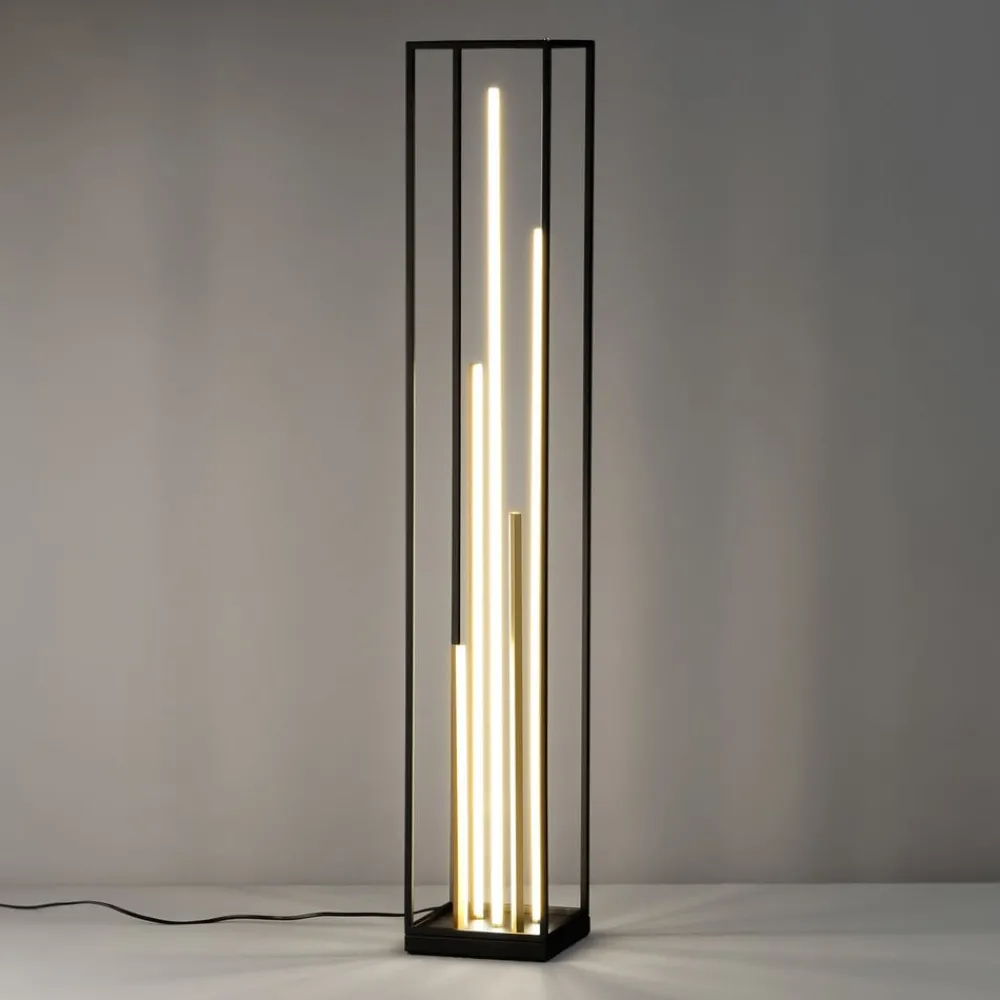 Gulvlamper ^ FISCHER & HONSEL LED-gulvlampe Grid, sort/guld, metal, CCT, dæmpbar