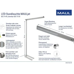 Arbejdsrum/Kontor ^ Maul LED-gulvlampe til kontor jet, sølvfarvet, dæmpbar, 195 cm