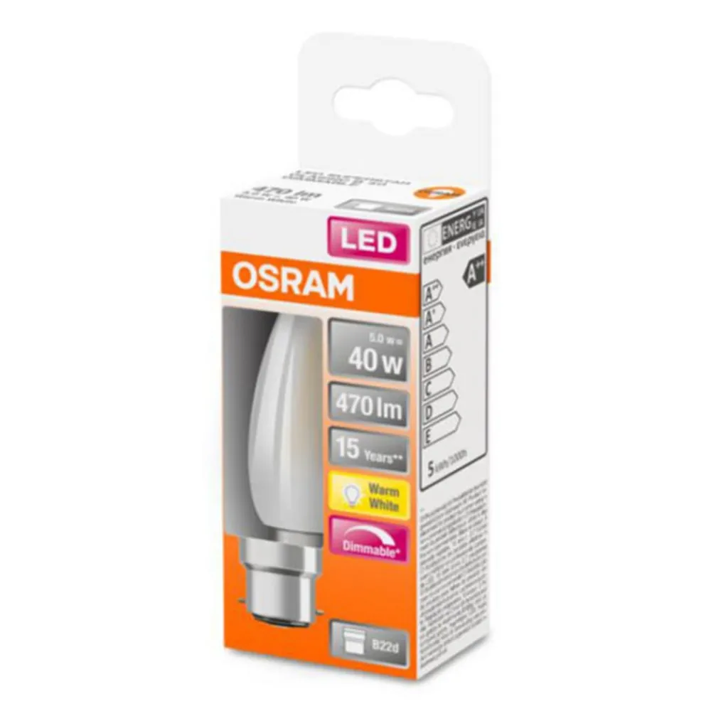 Dæmpbar Led-Pære ^ OSRAM LED kertepære B22d 5W 2.700K mat dæmpbar