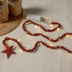 STAR TRADING Dekorationsbelysning|Julepynt > LED-lyskæder Beady, rød, træperler, 150 cm, batteri