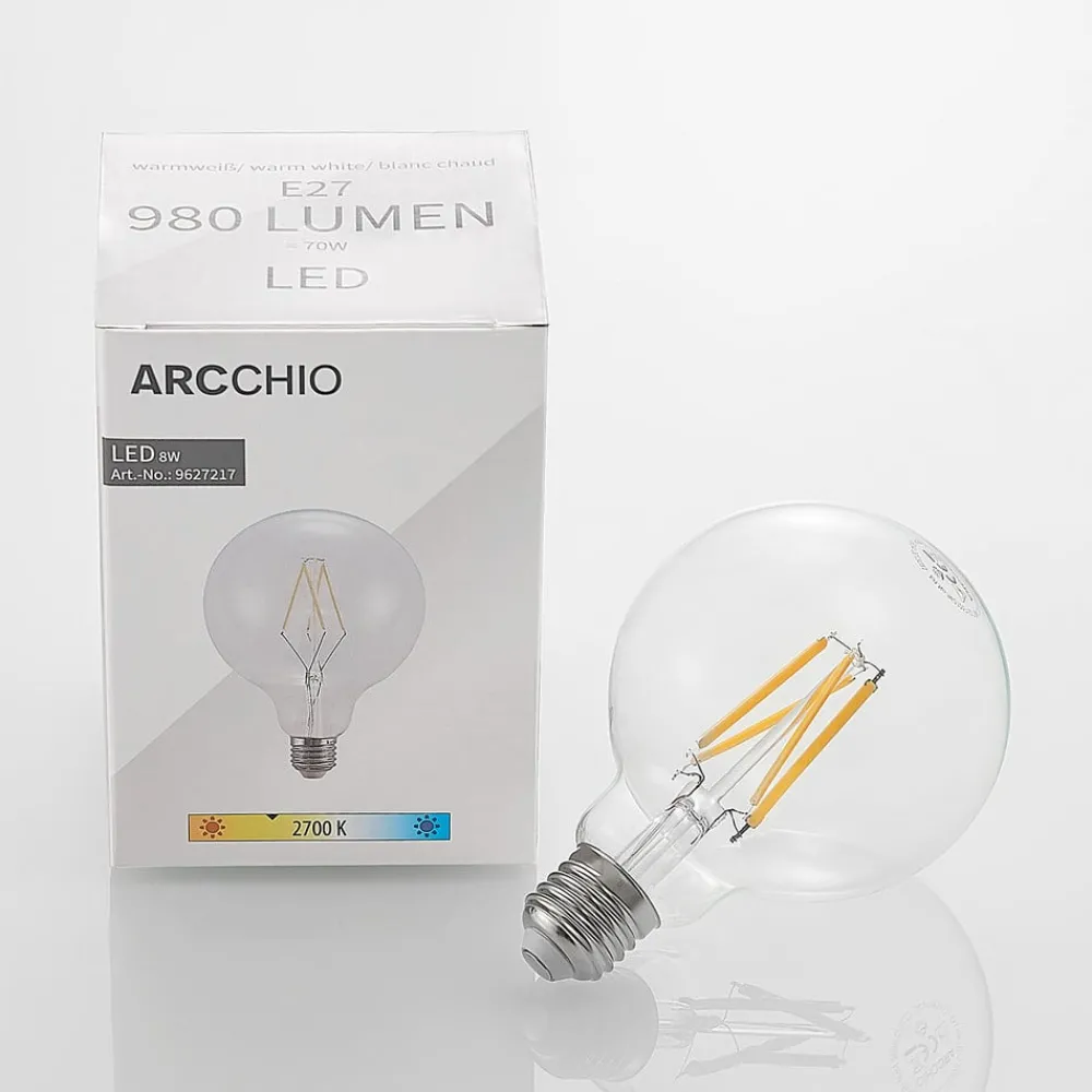 Dæmpbar Led-Pære|Filament Pære ^ Arcchio LED-pære E27 8W 2.700K G95 Globe, glødetråd, klar