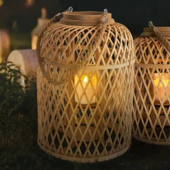 Dekorationsbelysning|Solcellelamper ^ Näve LED-sollygtekurv, bambus, højde 38 cm, naturlig