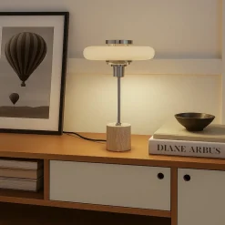 Pendellamper|Bordlamper ^ Lindby bordlampe Branford, retro, beige, metal/travertin
