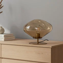 Bordlamper ^ Lindby bordlampe Lelia, rav, glas, metal, Ø 35 cm