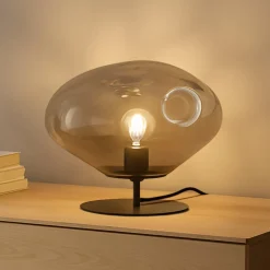 Bordlamper ^ Lindby bordlampe Lelia, røggrå, glas, metal, Ø 35 cm