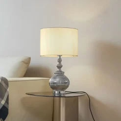 Bordlamper ^ Lindby bordlampe Loraine, hvid/grå, glas, Ø 33 cm, E27