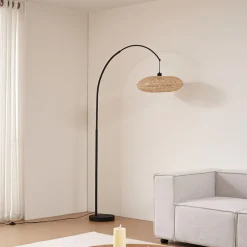 Gulvlamper|Gulvlamper ^ Lindby buelampe Solvian, sort/natur, bambus, metal