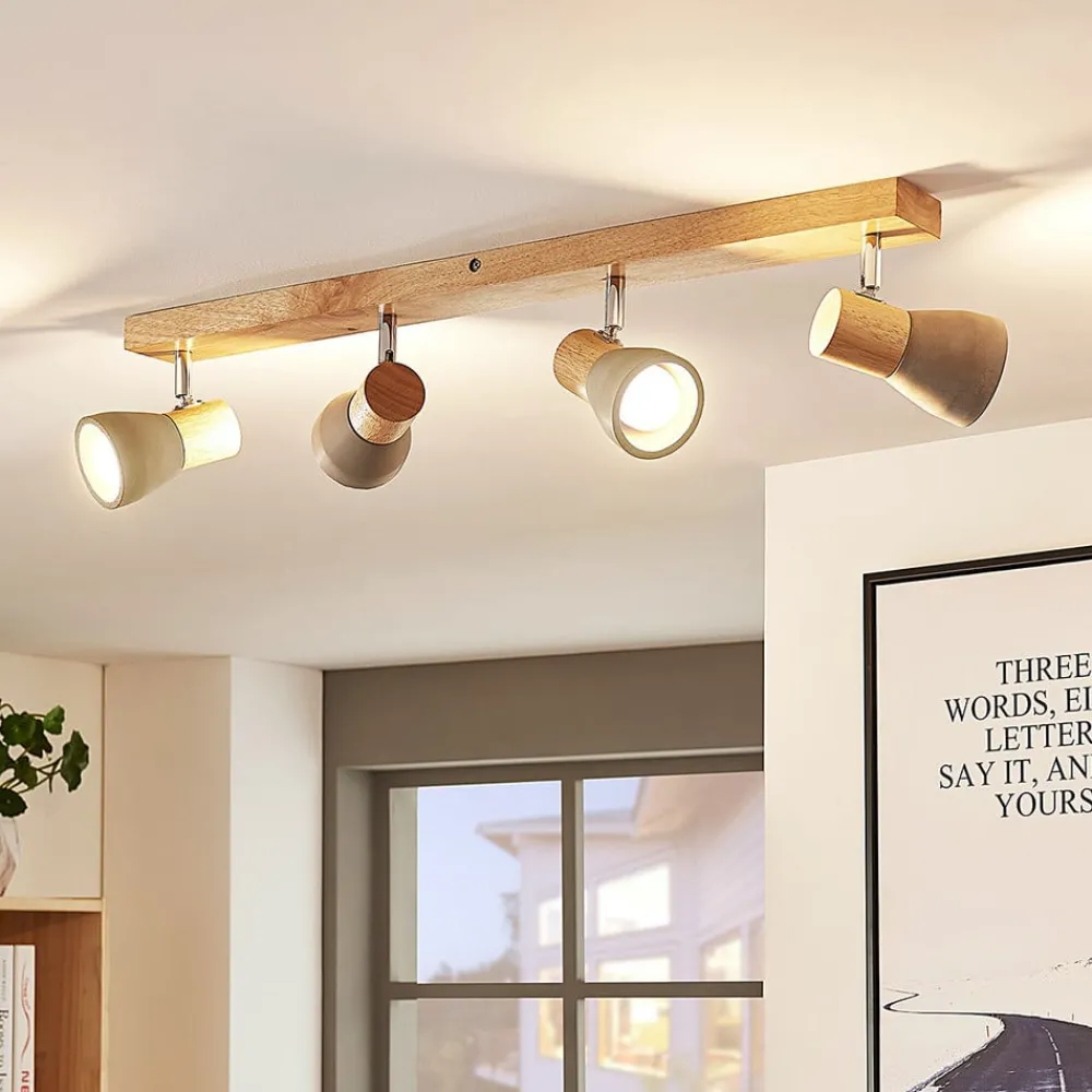 Lindby Gang|Loftlamper > Filiz spotlight, 4 lyskilder, 77 cm, træ, beton, E14