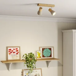 Gang|Loftlamper ^ Lindby Filiz spotlight, 2 lyskilder, 27 cm, træ, beton, E14
