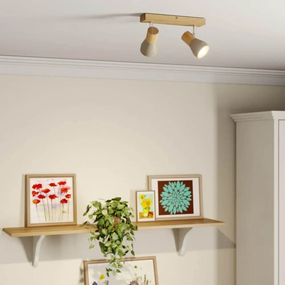 Gang|Loftlamper ^ Lindby Filiz spotlight, 2 lyskilder, 27 cm, træ, beton, E14