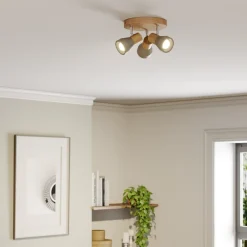Gang|Loftlamper ^ Lindby Filiz spotlight, 3 lyskilder, Ø 20 cm, træ, beton, E14