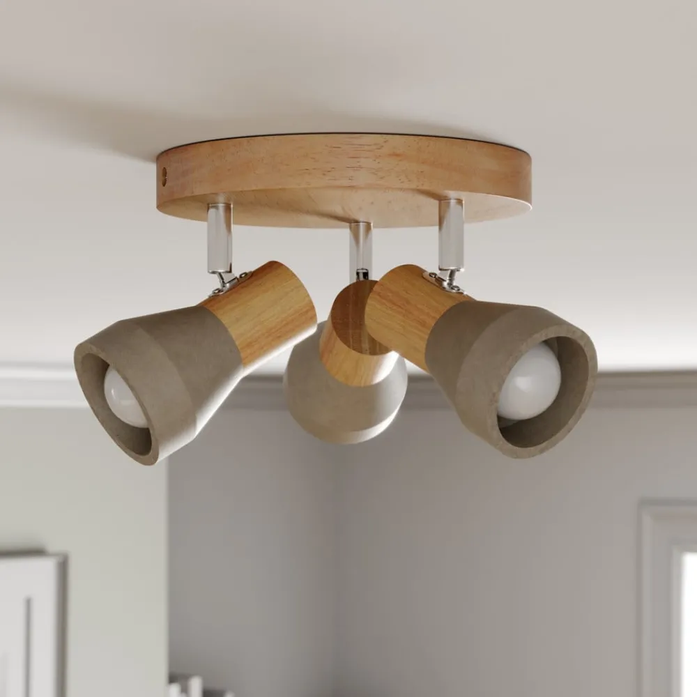 Gang|Loftlamper ^ Lindby Filiz spotlight, 3 lyskilder, Ø 20 cm, træ, beton, E14
