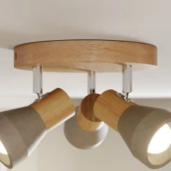 Gang|Loftlamper ^ Lindby Filiz spotlight, 3 lyskilder, Ø 20 cm, træ, beton, E14