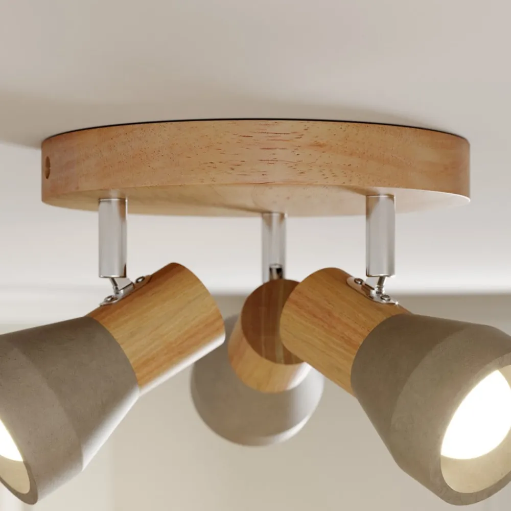 Gang|Loftlamper ^ Lindby Filiz spotlight, 3 lyskilder, Ø 20 cm, træ, beton, E14