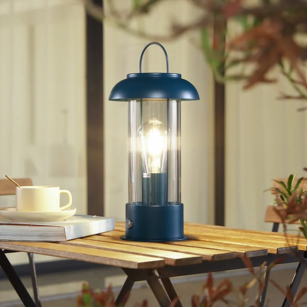Dekorationsbelysning|Terrassebelysning ^ Lindby genopladelig bordlampe Yvette, blå, IP44, touchdæmper