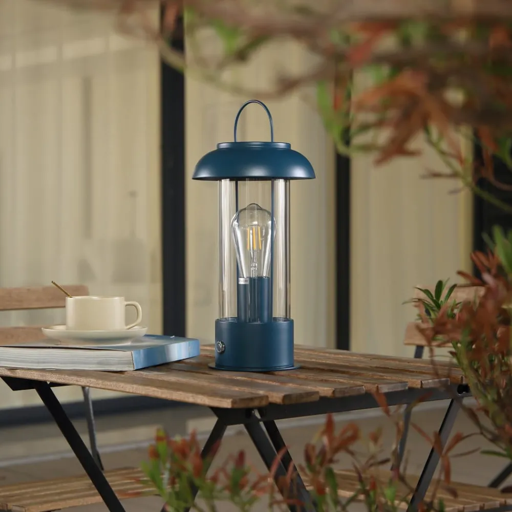 Dekorationsbelysning|Terrassebelysning ^ Lindby genopladelig bordlampe Yvette, blå, IP44, touchdæmper