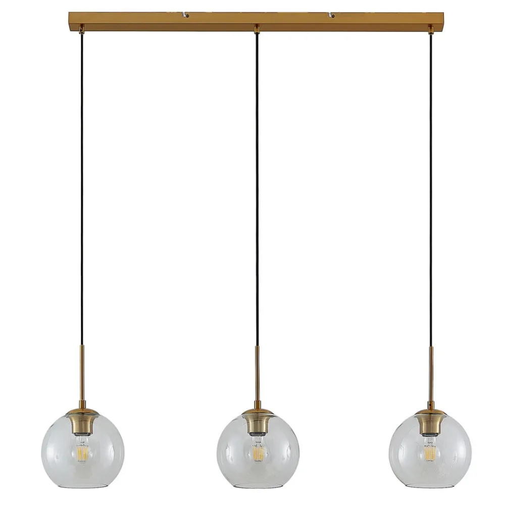 Pendellamper|Pendellamper ^ Lindby Grady hængelampe, messing/klar, 110 cm, metal, glas