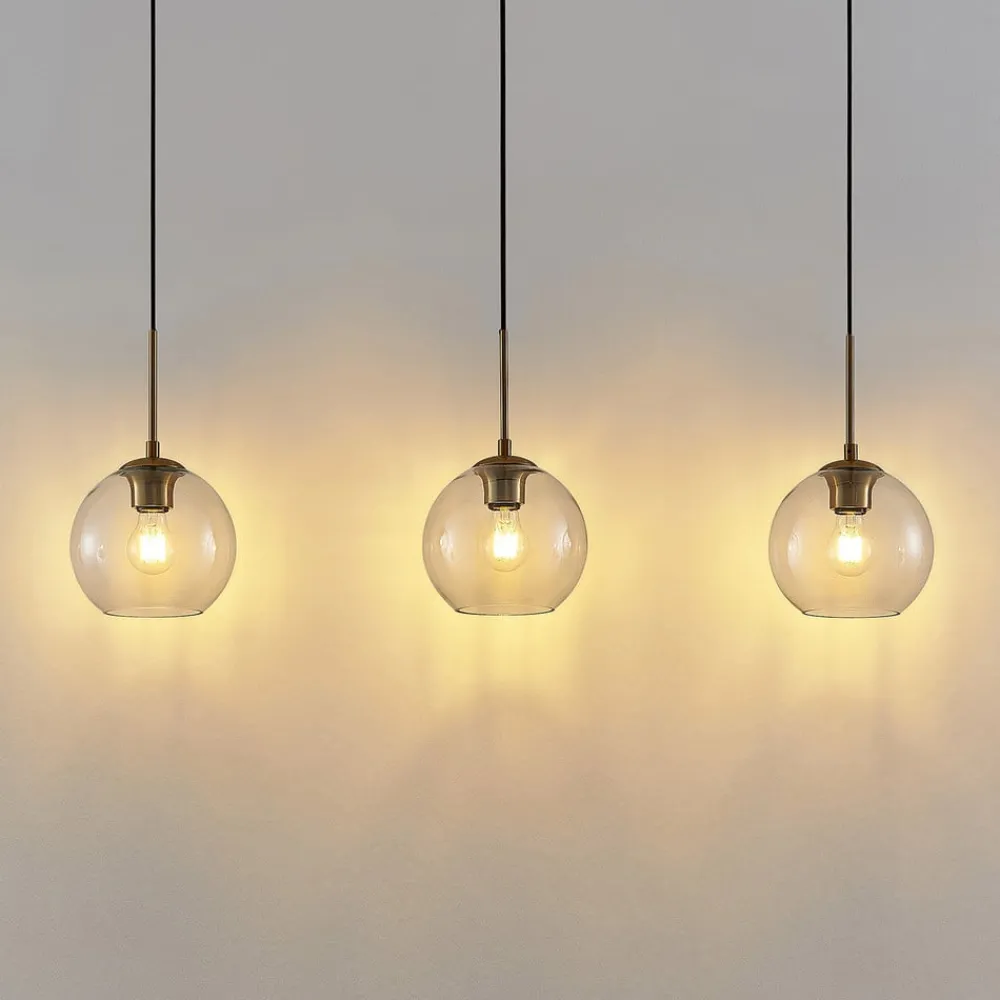 Pendellamper|Pendellamper ^ Lindby Grady hængelampe, messing/klar, 110 cm, metal, glas