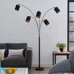 Pendellamper|Gulvlamper ^ Lindby gulvlampe Abiram, sort/guld, tekstil, 70 cm
