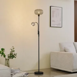 Gulvlamper|Gulvlamper ^ Lindby gulvlampe Aliette, sort/grå, glas, læselampe