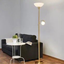 Gulvlamper|Gulvlamper ^ Lindby gulvlampe Elaina, læselampe, messingfarvet, 183cm E27