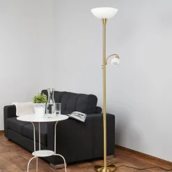 Gulvlamper|Gulvlamper ^ Lindby gulvlampe Elaina, læselampe, messingfarvet, 183cm E27