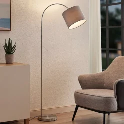 Gang|Pendellamper ^ Lindby gulvlampe Keriba, nikkel/taupe, stof, 150 cm, E27